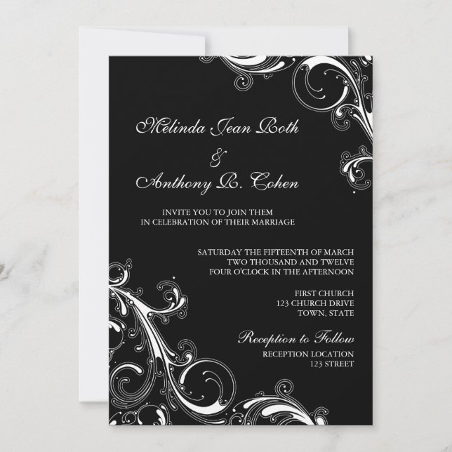 Filigree Swirl Black w/White 5x7 Wedding Invitation (Front)