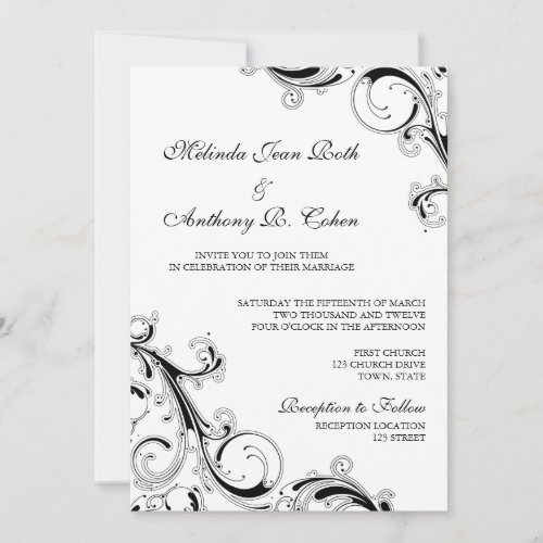 Filigree Swirl Black w/White 5x7 Wedding Personalized Announcement