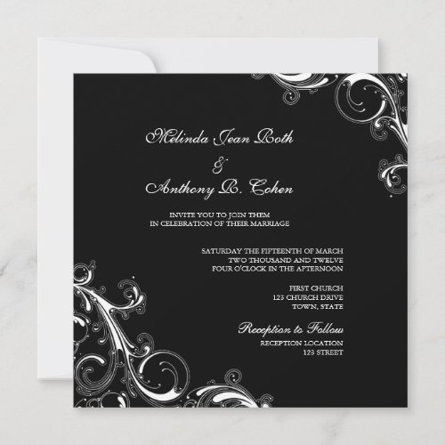 Filigree Swirl Black wWhite Square Wedding Invitation