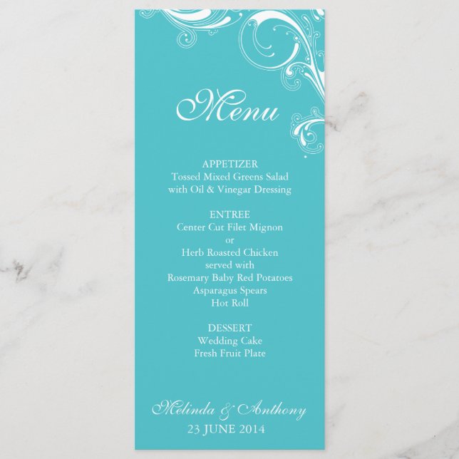 Filigree Swirl Blue Curacao Menu (Front)