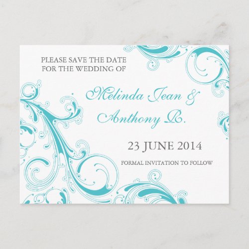 Filigree Swirl Blue Curacao Save the Date Announcement Postcard