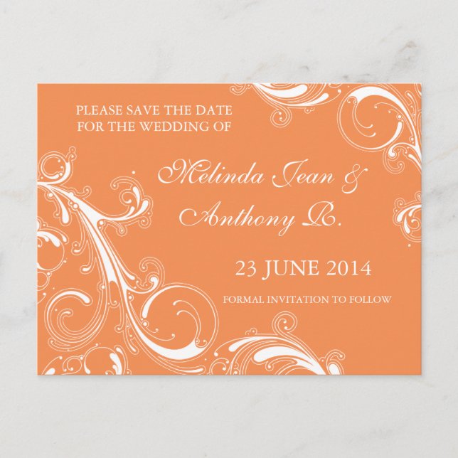 Filigree Swirl Orange Save the Date Announcement Postcard (Front)