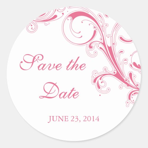 Filigree Swirl Pink Save the Date Classic Round Sticker