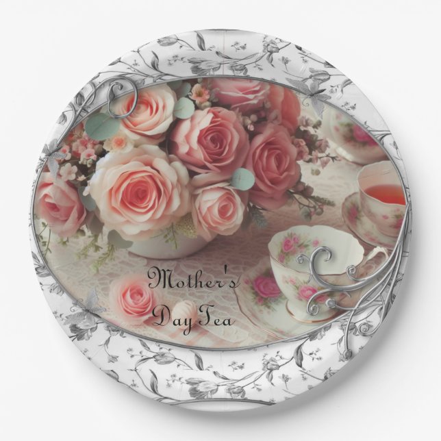 Filigree with Pink Roses Mother's Day  Paper Plates (Front)