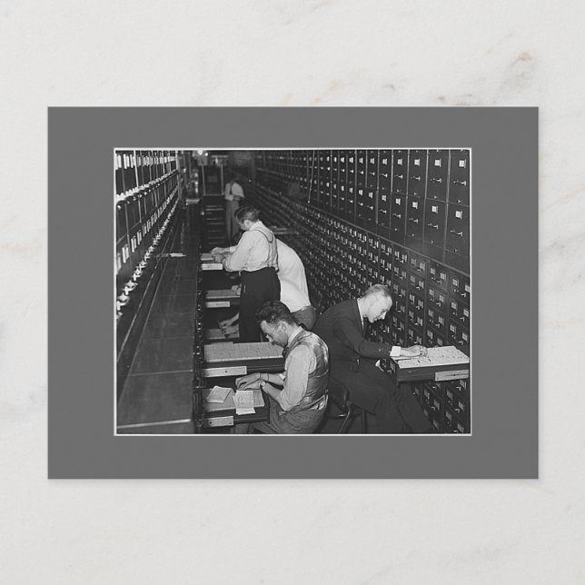 Filing men, 1930s postcard (Front)