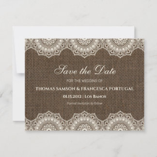 Filipiniana Lace on Burlap Save the Date Card