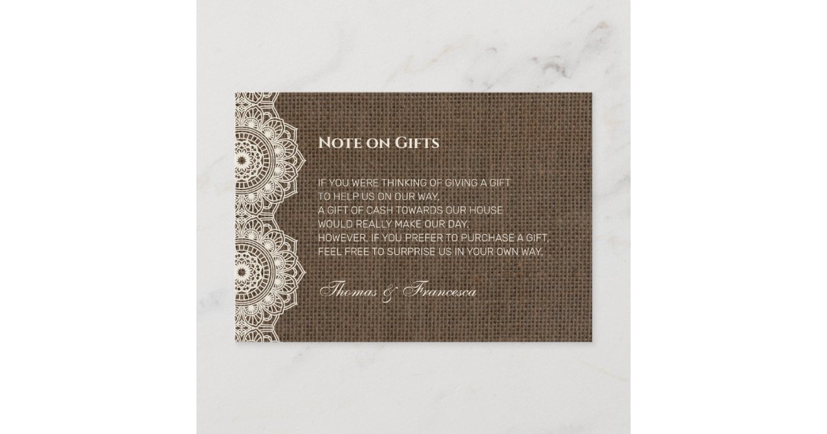Filipiniana Lace on Burlap Wedding Gift Guide Card | Zazzle