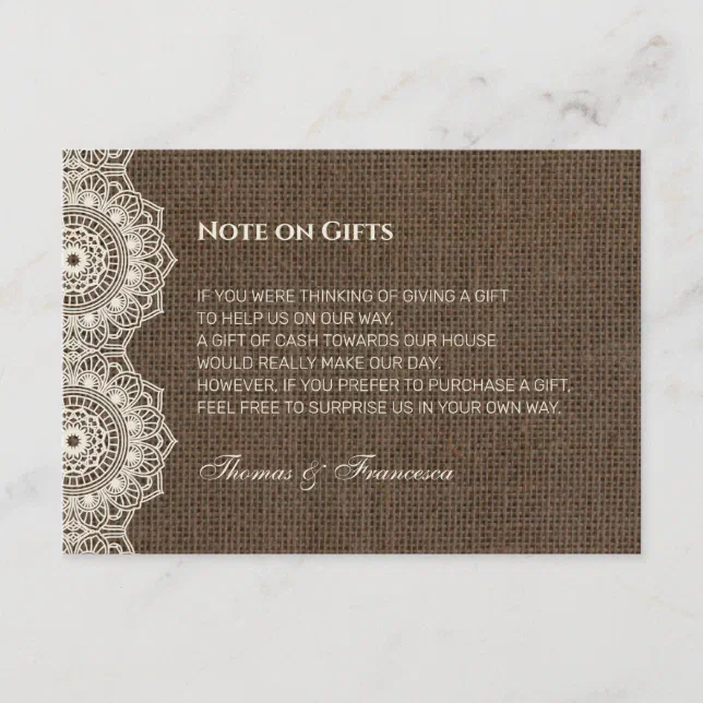 Filipiniana Lace on Burlap Wedding Gift Guide Card | Zazzle