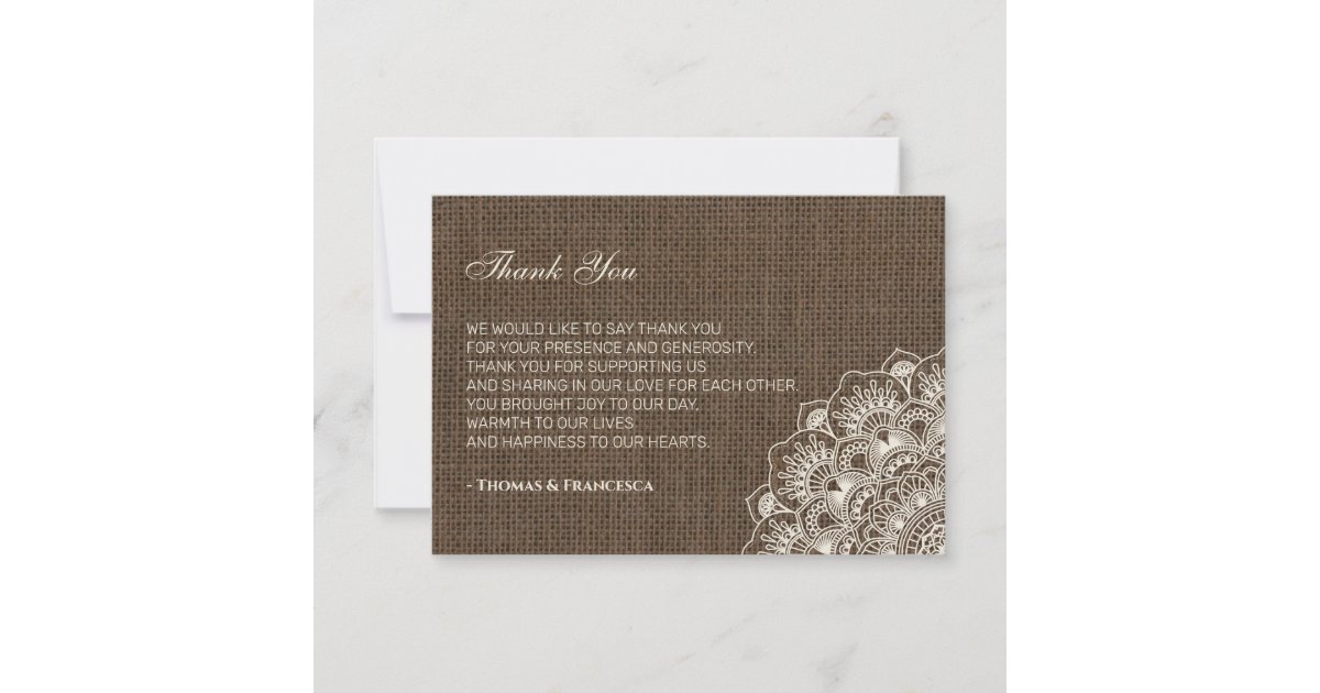 Filipiniana Lace on Burlap Wedding Thank You Card | Zazzle