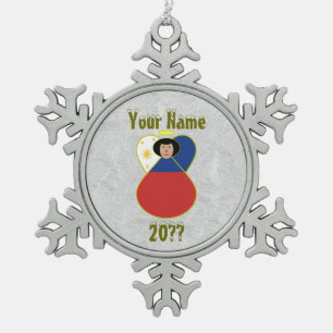 Filipino Angel Black Hair Dressed in Flag Snowflake Pewter Christmas Ornament