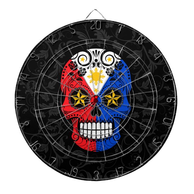 Filipino Flag Sugar Skull with Roses Dart Board (Front)