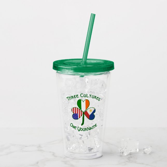 Filipino Irish American Flags Shamrock Personalize Acrylic Tumbler (Back Ice)