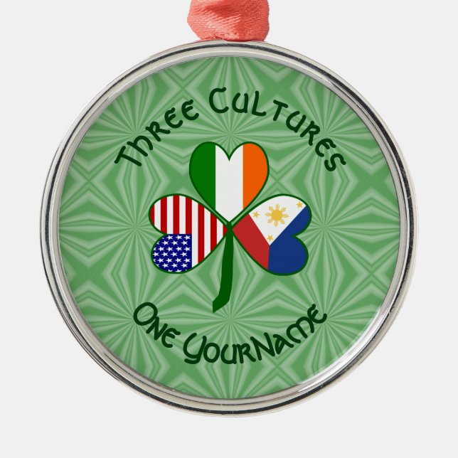 Filipino Irish American Flags Shamrock Personalize Metal Ornament (Front)