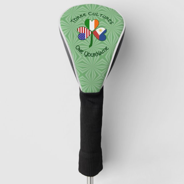 Filipino Irish American Flags Shamrock Your Name Golf Head Cover (Front)