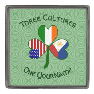 Filipino Irish American Flags Shamrock Your Name Gunmetal Finish Lapel Pin