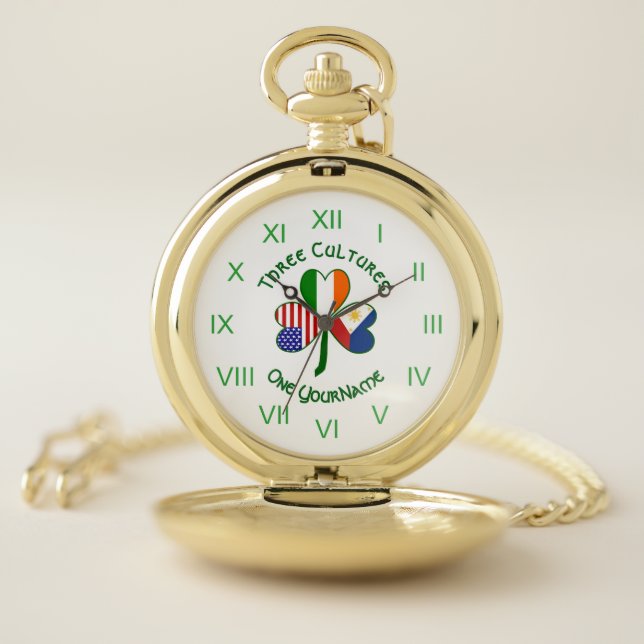 Filipino Irish American Flags Shamrock Your Name Pocket Watch (Inside)