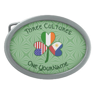 Filipino Irish USA Flags Shamrock Personalized Belt Buckle