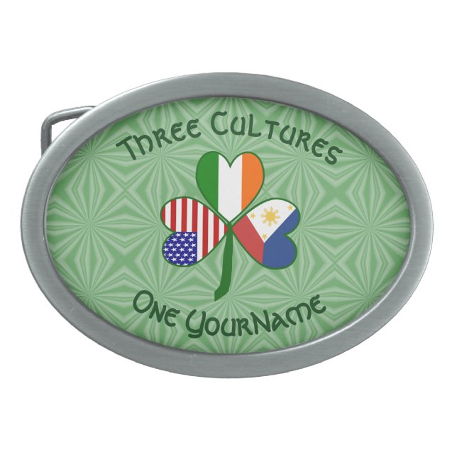 Filipino Irish USA Flags Shamrock Personalized  Belt Buckle (Front)