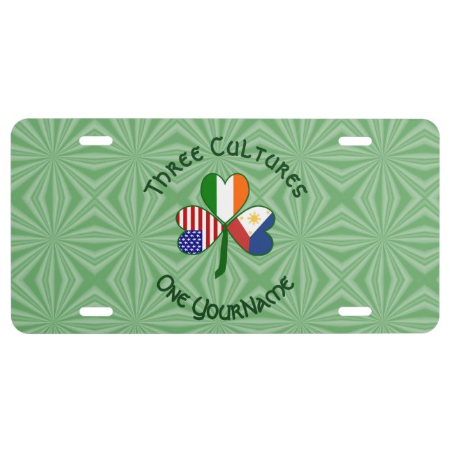 Filipino Irish USA Flags Shamrock Personalized  License Plate (Front)