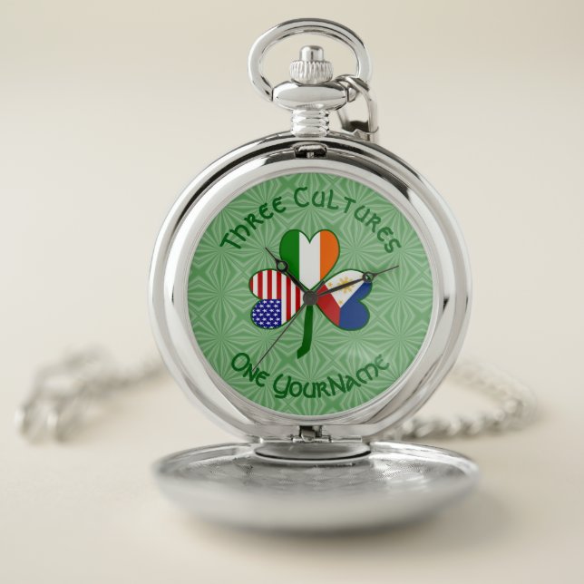 Filipino Irish USA Shamrock Flag Personalized  Pocket Watch (Inside)