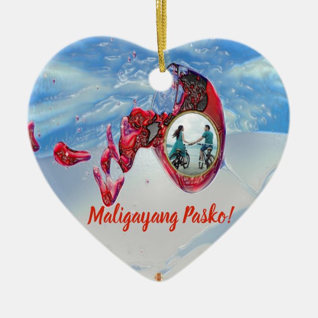Filipino, Pasko, Beach, Wine Glass, Beach, Couple Ceramic Ornament (Front)