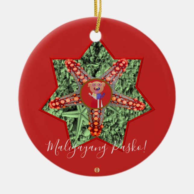 Filipino Star Parol, Beach, Star Fish, Green Ceramic Ornament (Front)