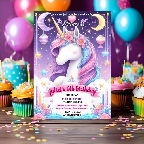 fill girly cute purple pink unicorn 1st birthday invitation