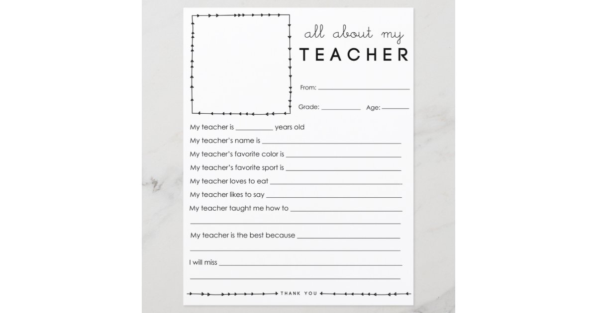 Fill in Blank All About My Teacher Zazzle