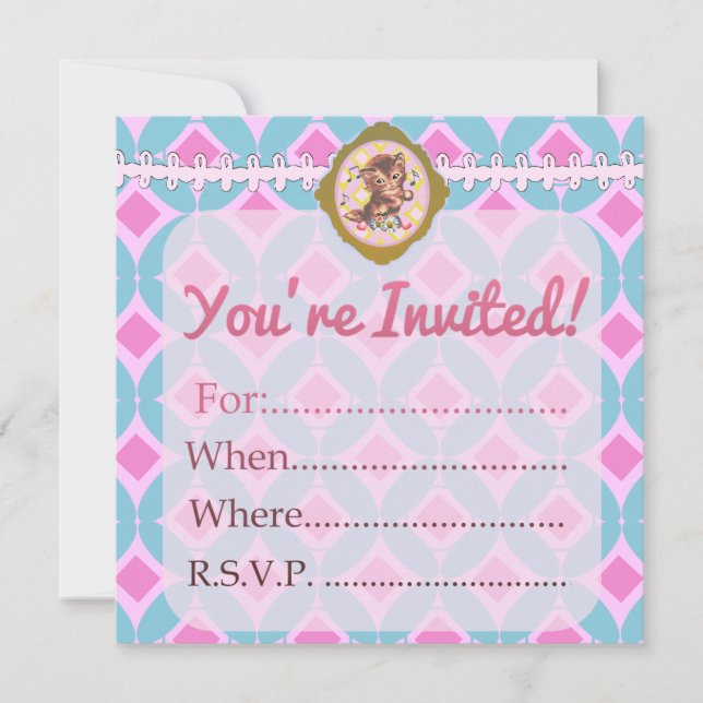 Fill-In Cute Retro Kitty Custom Blank - Invitation (Front)