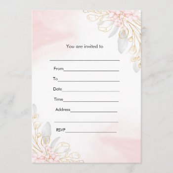 Fill In Invitation Pink Gold Floral Watercolor by pinkthecatdesign at Zazzle