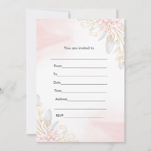Fill in invitation pink gold floral watercolor