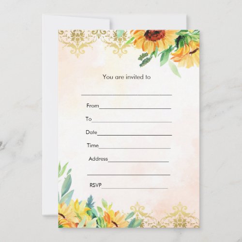 Fill in invitation pink gold sunflowers watercolor
