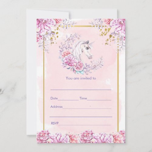 Fill in invitation watercolor floral unicorn