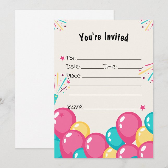 Fill In The Blank Balloons Birthday Invitation (Front/Back)