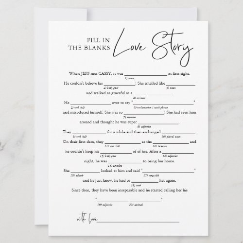 Fill in the Blanks Love Story  Bridal Shower Game Card