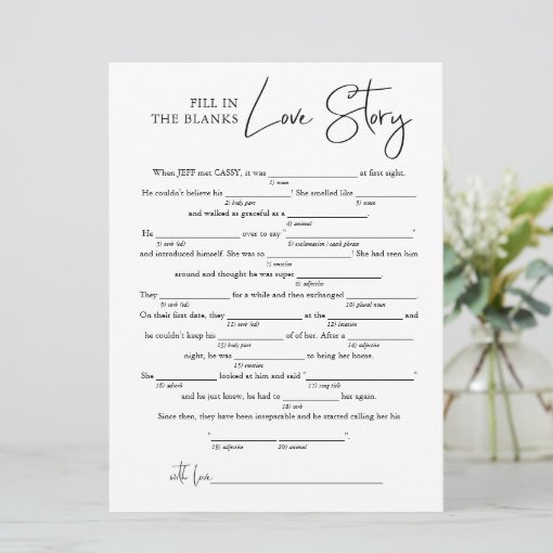 Fill in the Blanks Love Story | Bridal Shower Game Card | Zazzle