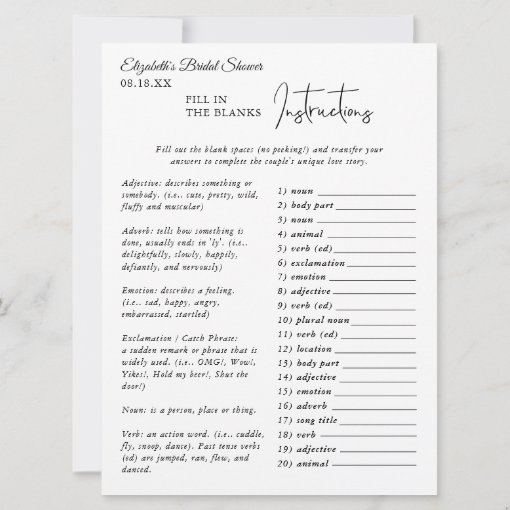 Fill in the Blanks Love Story Bridal Shower Game Card Zazzle