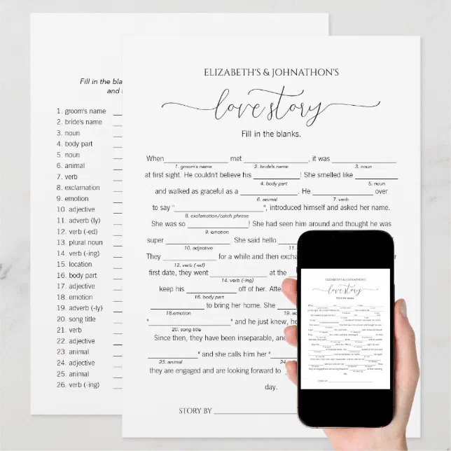 Fill in the Blanks Love Story Bridal Shower Game Invitation Zazzle