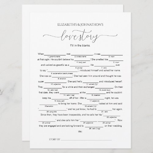 Fill in the Blanks Love Story Bridal Shower Game Invitation