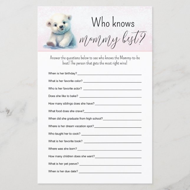 Fill in the Blanks Pink Winter Baby Shower Game (Front)