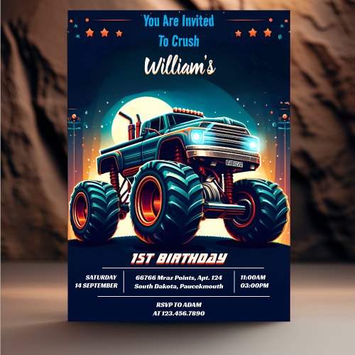 Fill Kids Boy Cars Cool Monster Truck 1st Birthday Invitation