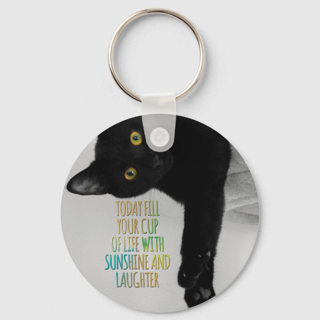 Fill Your Cup Of Life Black Cat Motivational Quote Keychain (Front)