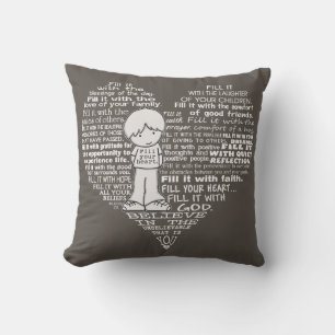 Fill Your Heart-White Letters/Dark Brown Throw Pillow