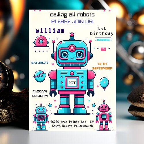 filled boy cute Toy funny robot first 1st birthday Invitation