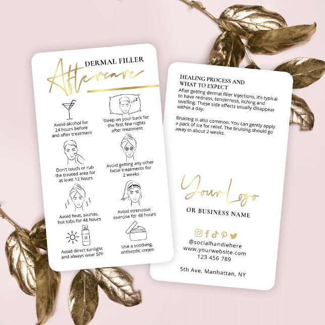 Filler After Care Instructions Beauty Facial Gold Business Card (Dermal filler after care instructions cards with faux gold details and space for your logo)