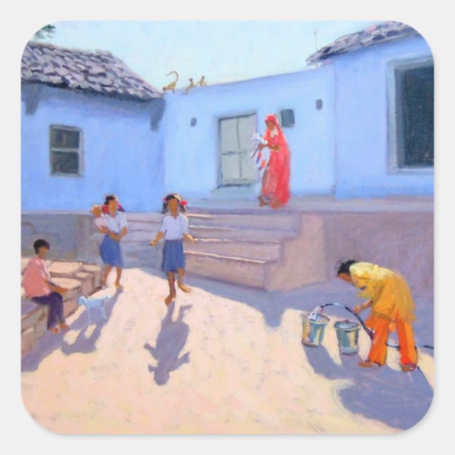 Filling Water Buckets Rajasthan India Square Sticker (Front)