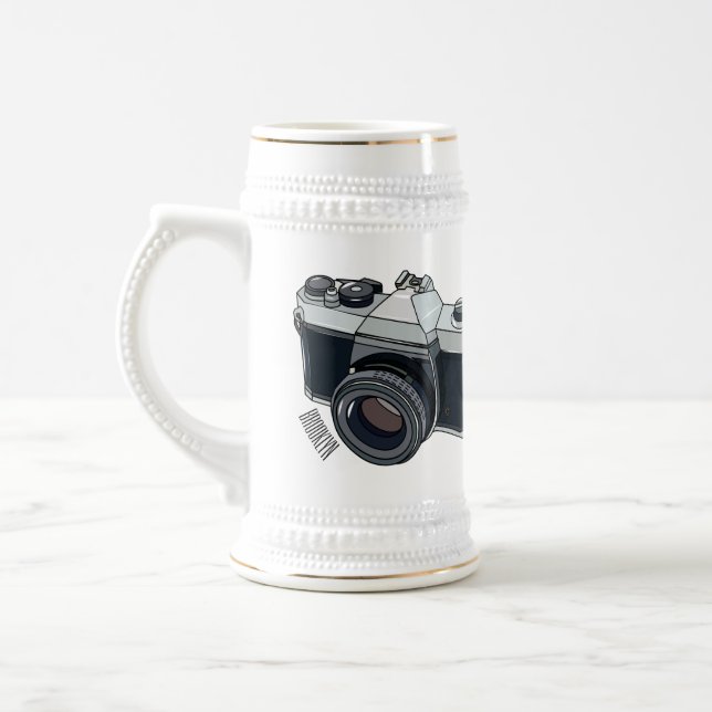 Film camera cartoon illustration beer stein (Left)