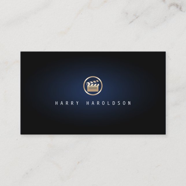 Film Director Gold Glapperboard Icon Blue Glow Business Card (Front)