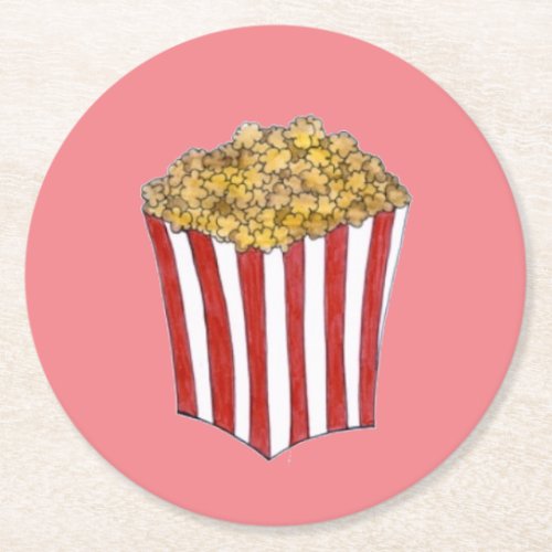 Film Movie Night Sleepover Buttered Popcorn Tub Round Paper Coaster