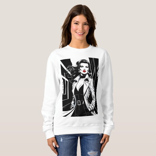 Film-Noir Femme Fatale T-Shirt – Bold Retro Style Sweatshirt (Front Full)